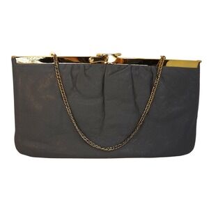 Vintage Harry Levine Gray Leather Clutch Gold Frame‎ Chain Shoulder Bag Evening